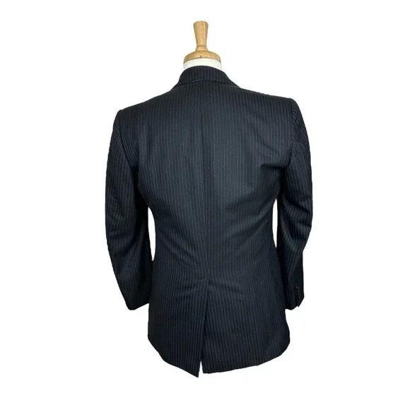 Edgar Pomeroy Bespoke Black Striped Pure Wool Mens Suit 40R Pant 32x30